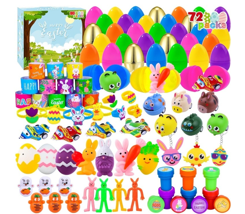 Prefilled Easter Eggs Toys and Stickers for Easter Egg Hunt, Filled with Toys Party Favors for Kids Boys Girls Easter Eggs Hunt, Basket Stuffers Fillers, Classroom Prize Supplies Kids Outdoor Play