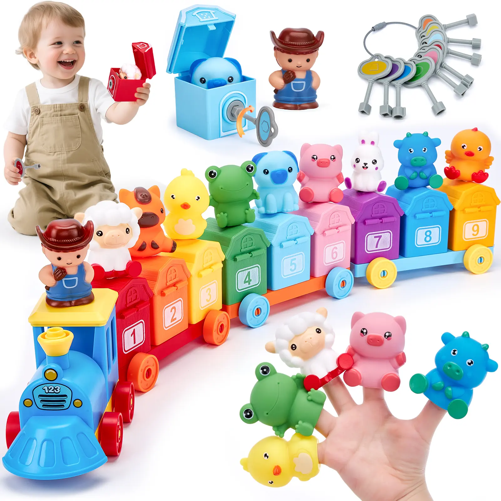 Toddler Counting Matching & Sorting Activity Montessori Farm Train Set with Farm Animals Finger Puppets Keys to Lock and Unlock Barn Birthday Gift for Boys Girls 1-3Year Old Busy Board Magnetic Building Blocks