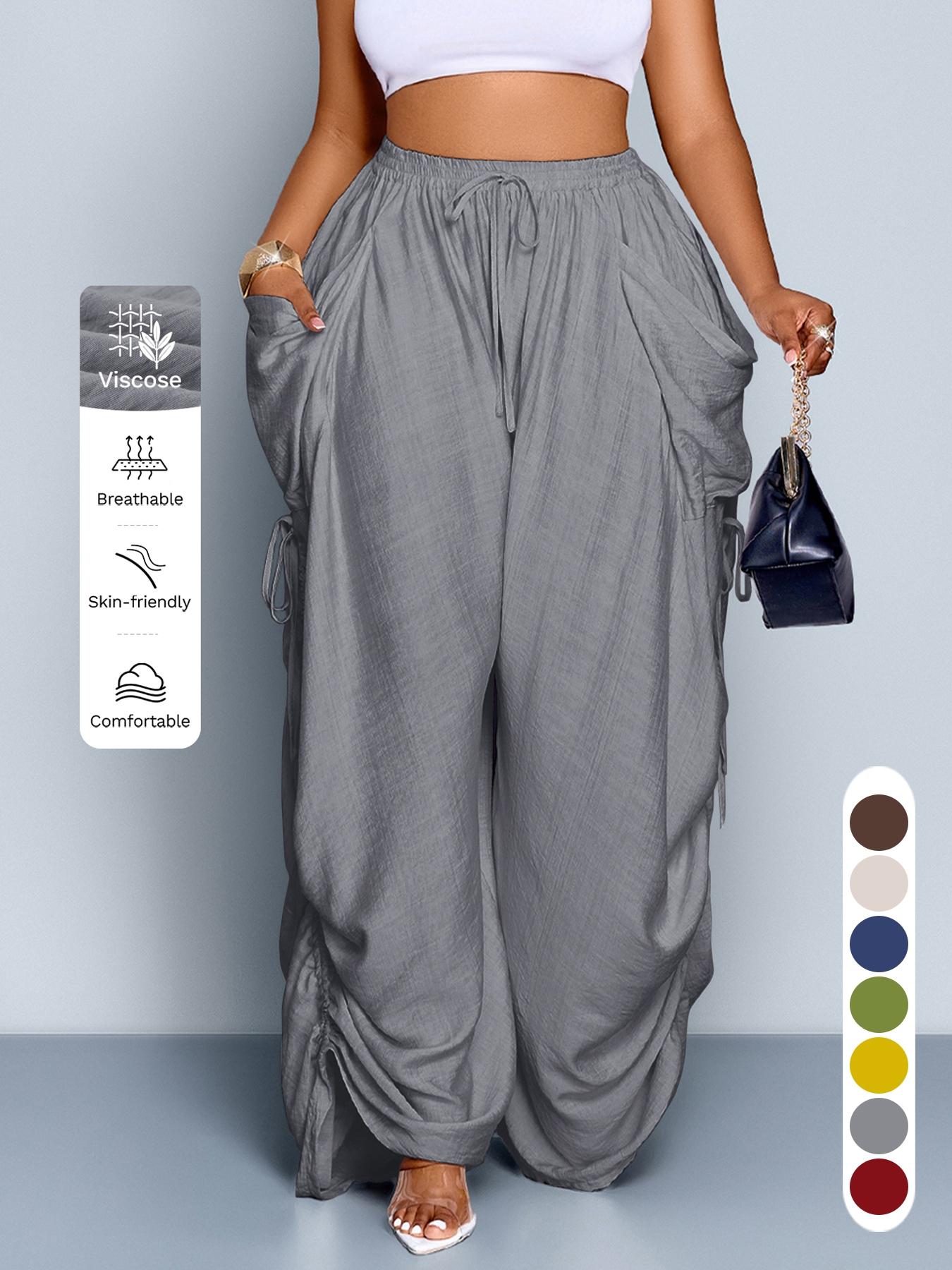 Women's Casual Loose-Fit Wide Leg Drawstring Pants, All-Season Woven Fabric, Long Plain Design, Daily Commute & Vacation Wear