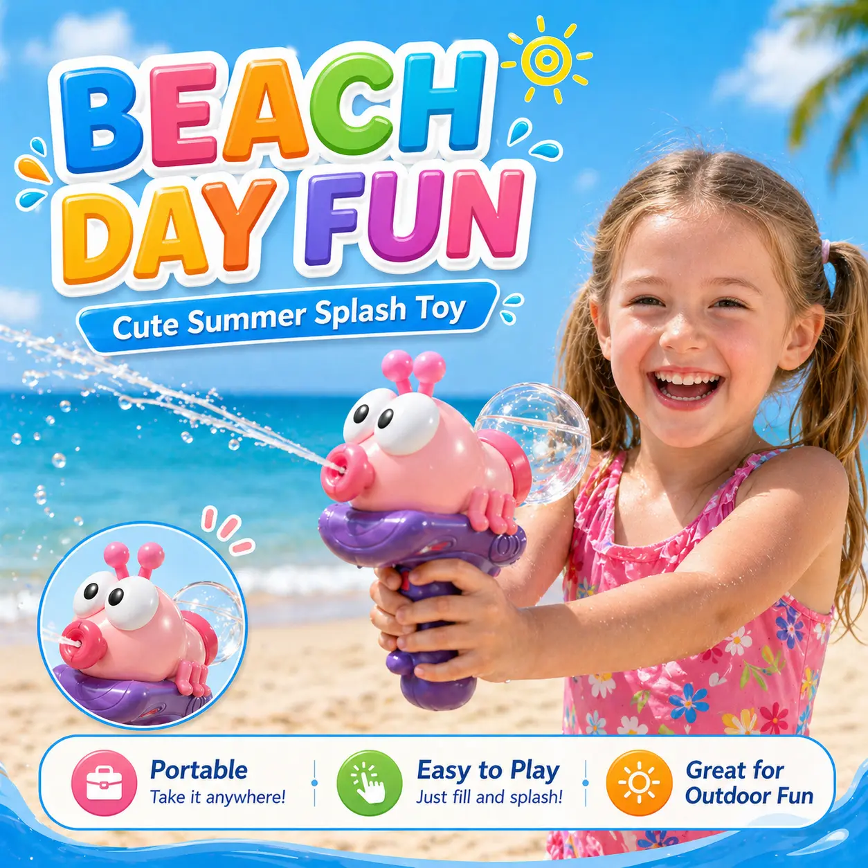 Electric Water Blaster Toy for Kids, Summer Water Blaster Pool Toy with Cute Animal Design, One-Touch Spray Splash Toy for Beach Backyard Outdoor Play Boys Girls