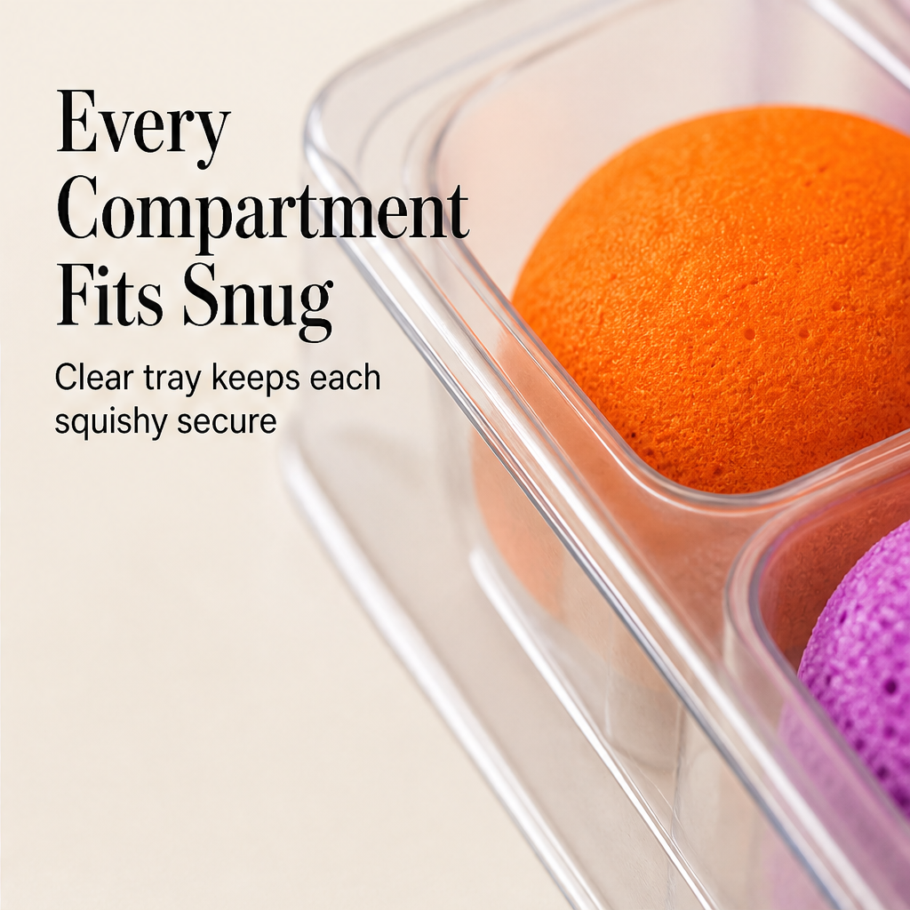 Clear tray compartment holding a squishy snug and secure