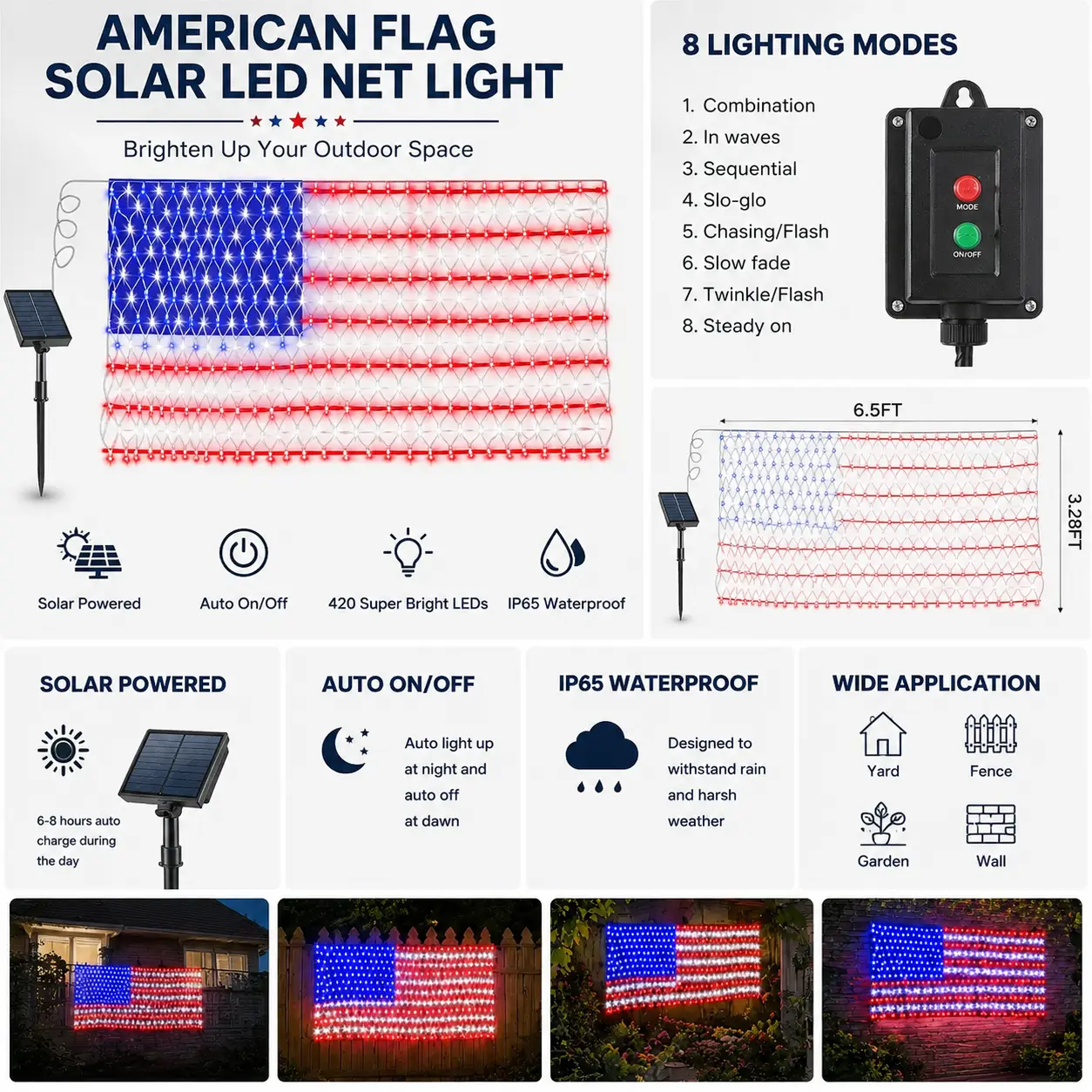 Solar American Flag Lights Outdoor American Flag Net Lights 6.5ft x 3.28ft Super Bright,Memorial Day Decorations of The United States for Independence/National/Memorial Day,July 4th Waterproof solar lights outdoor