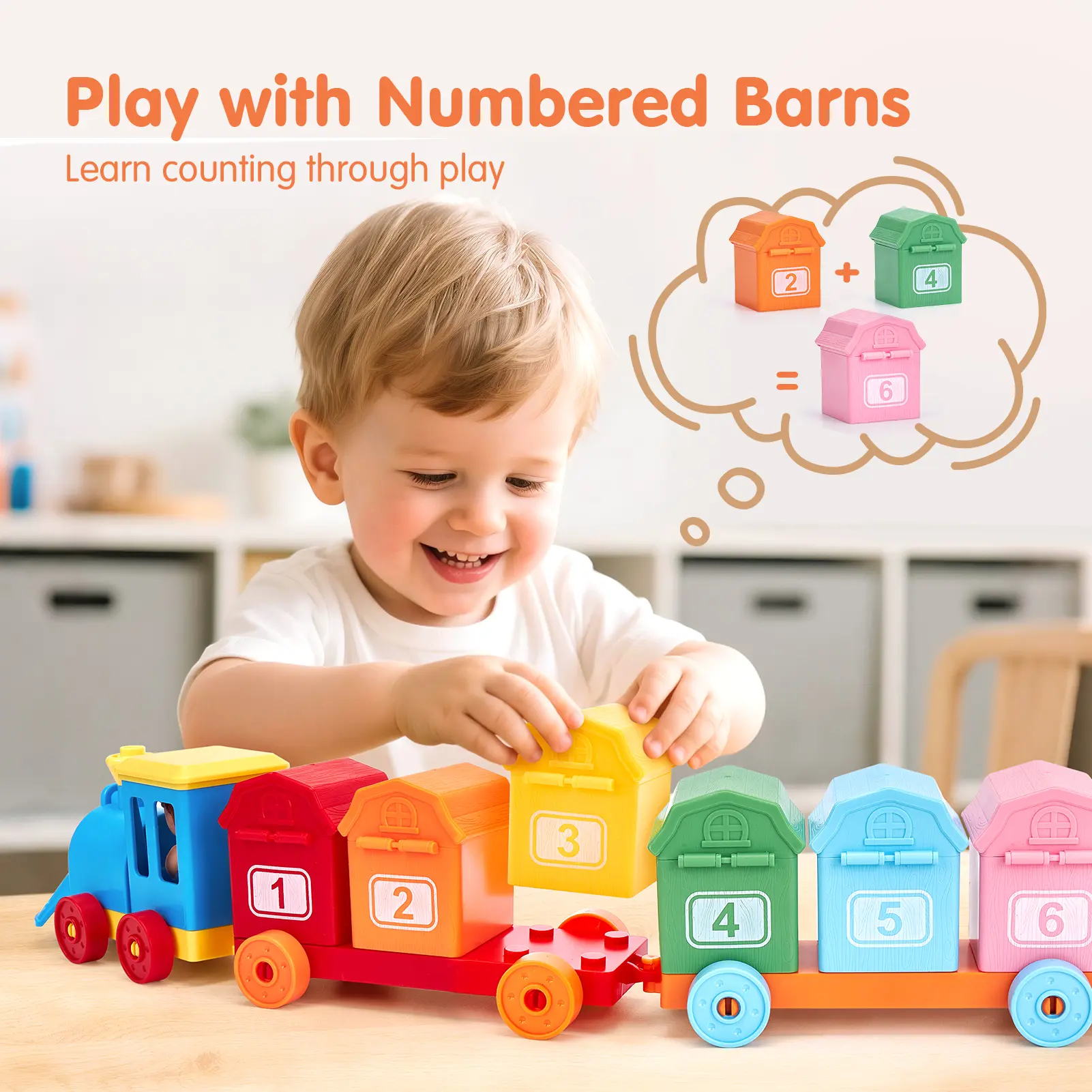 Toddler Counting Matching & Sorting Activity Montessori Farm Train Set with Farm Animals Finger Puppets Keys to Lock and Unlock Barn Birthday Gift for Boys Girls 1-3Year Old Busy Board Magnetic Building Blocks
