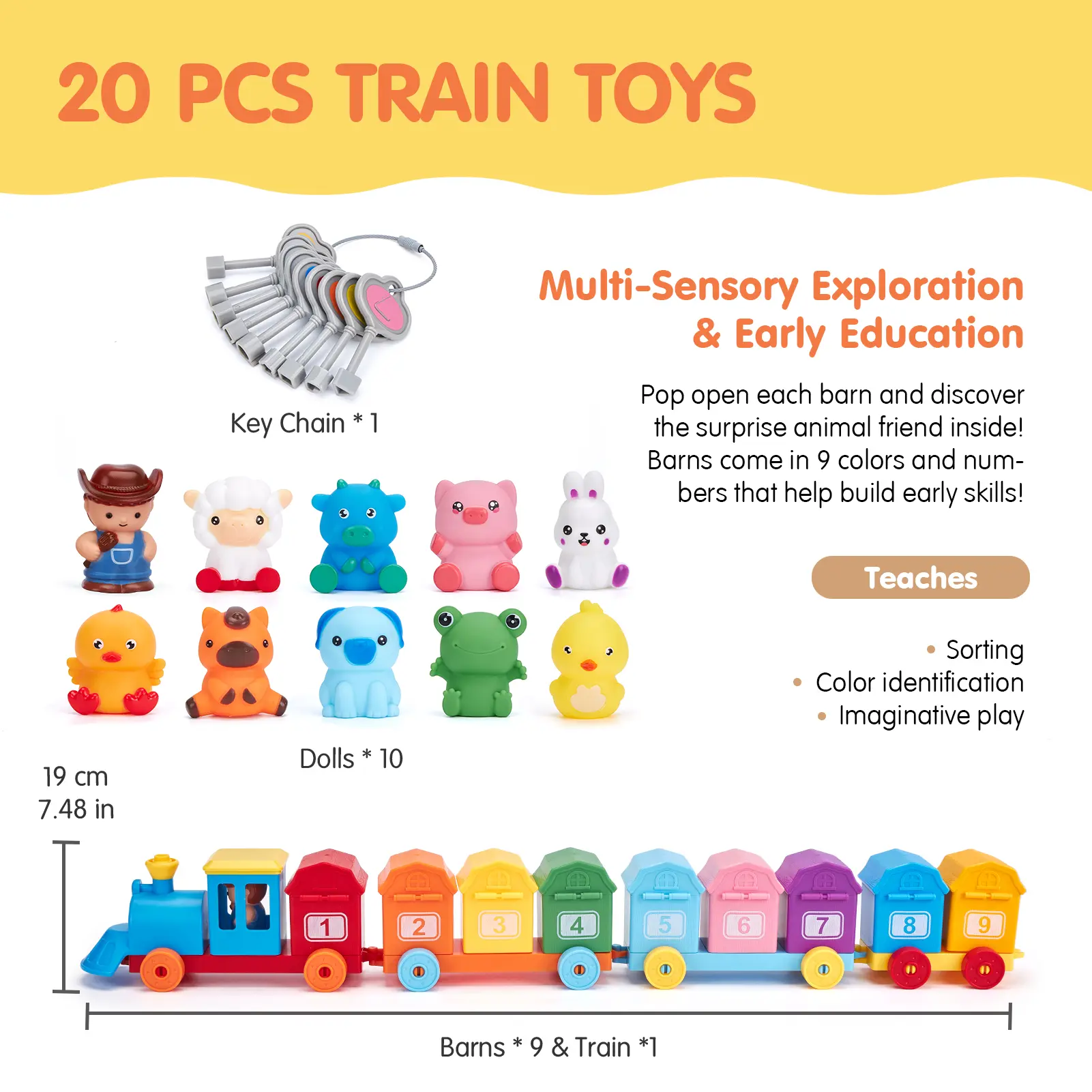 Toddler Counting Matching & Sorting Activity Montessori Farm Train Set with Farm Animals Finger Puppets Keys to Lock and Unlock Barn Birthday Gift for Boys Girls 1-3Year Old Busy Board Magnetic Building Blocks