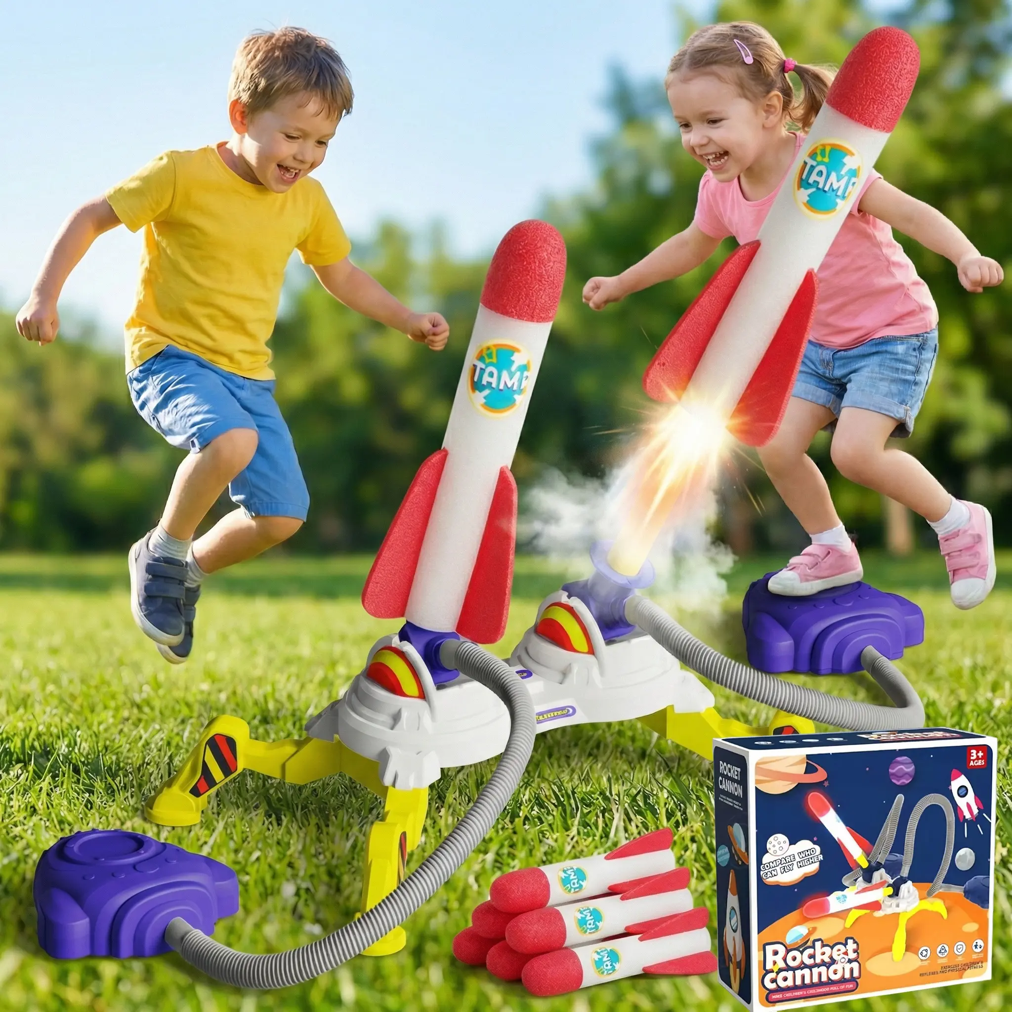 Rocket Launcher Toy Set - Light-Up Glow Foam Rockets, Adjustable Launch Stand with Durable Base for Stomping, 200 ft Launch Range, Playful Flying Toys, Outdoor Family Fun Holiday Gift Idea