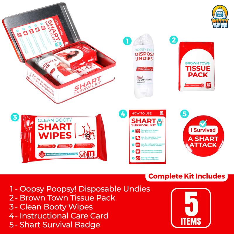 Funny Shart Survival Kit by. Ultimate Poop Prank Gag Gift Set Contains Wet Wipes, Disposable Underwear, Tissues and Hilarious Badge. 