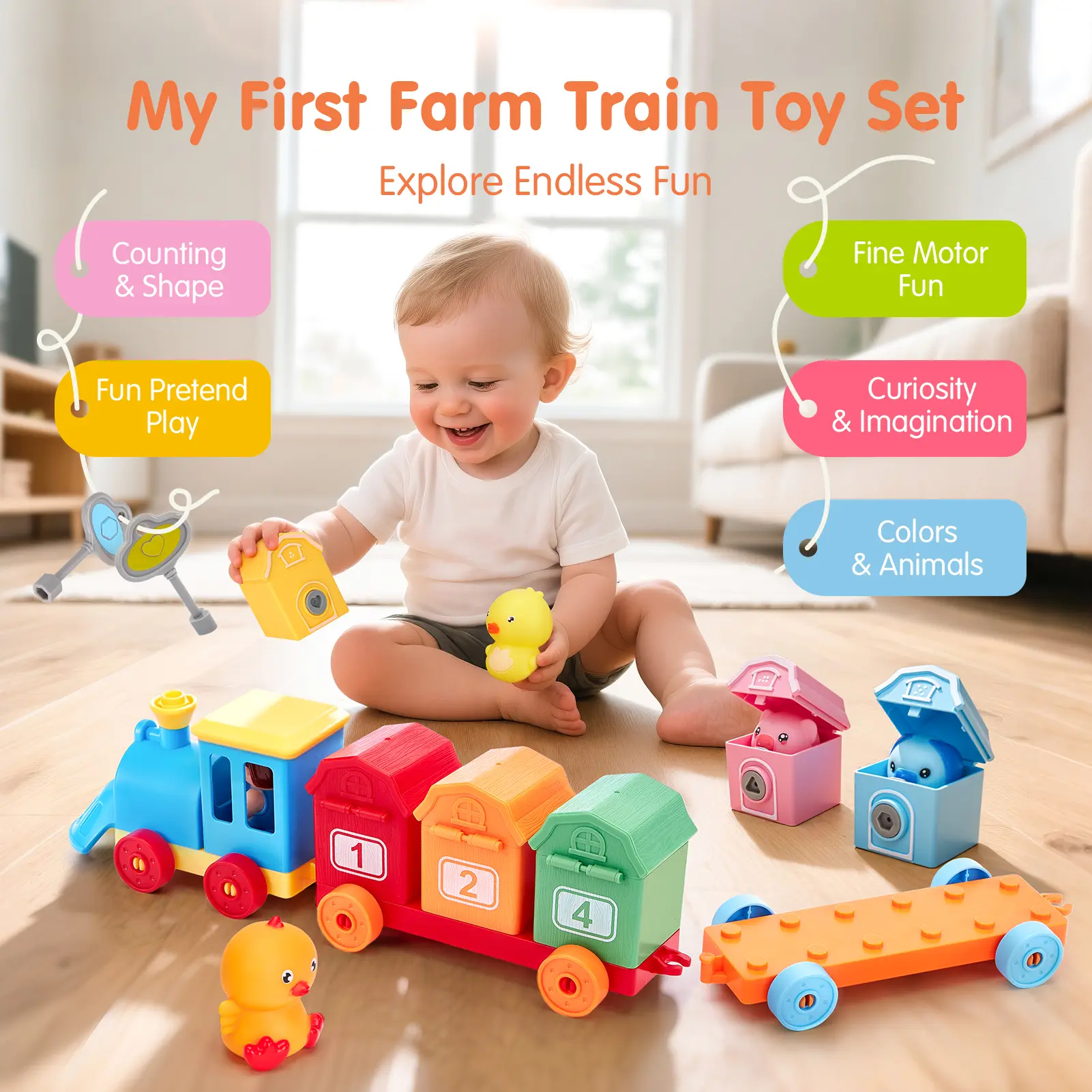 Toddler Counting Matching & Sorting Activity Montessori Farm Train Set with Farm Animals Finger Puppets Keys to Lock and Unlock Barn Birthday Gift for Boys Girls 1-3Year Old Busy Board Magnetic Building Blocks