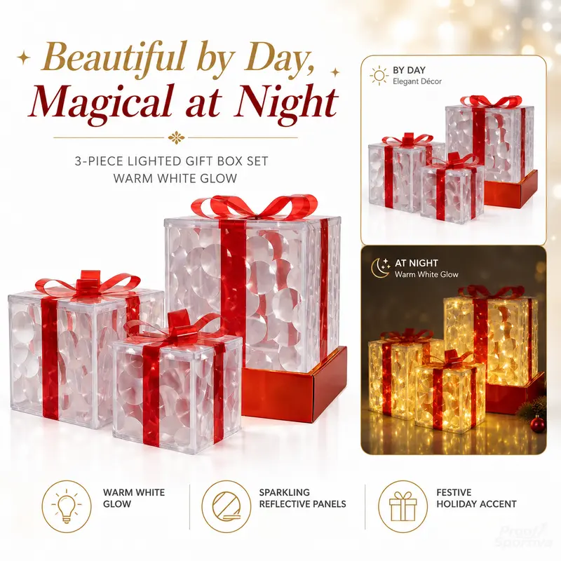 3pc Magical Plastic Christmas Ornaments Set with Gift Box - 8 Modes, Remote Control, Warm Light LED Lights, Ribbon Accents, DIY Assembly, AA Battery Powered (Battery Not Included) for Indoor/Outdoor Camping Hiking Use