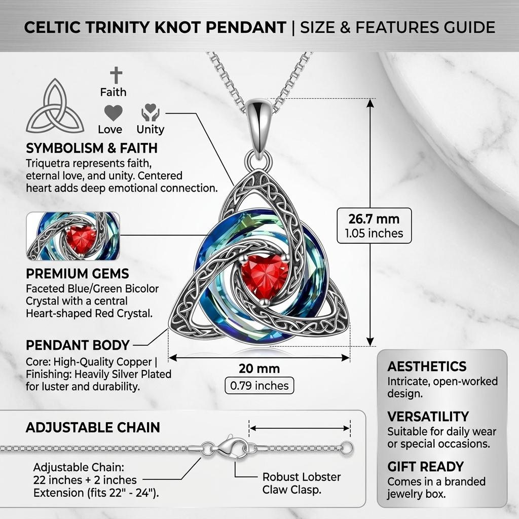 DRINSPER Women's Birthstone Celtic Knot Necklace - Silver-Plated Copper Triquetra Crystal Pendant, Adjustable Chain, Irish-Scottish Faith Love Unity Jewelry Gift for Mom (Birthday)