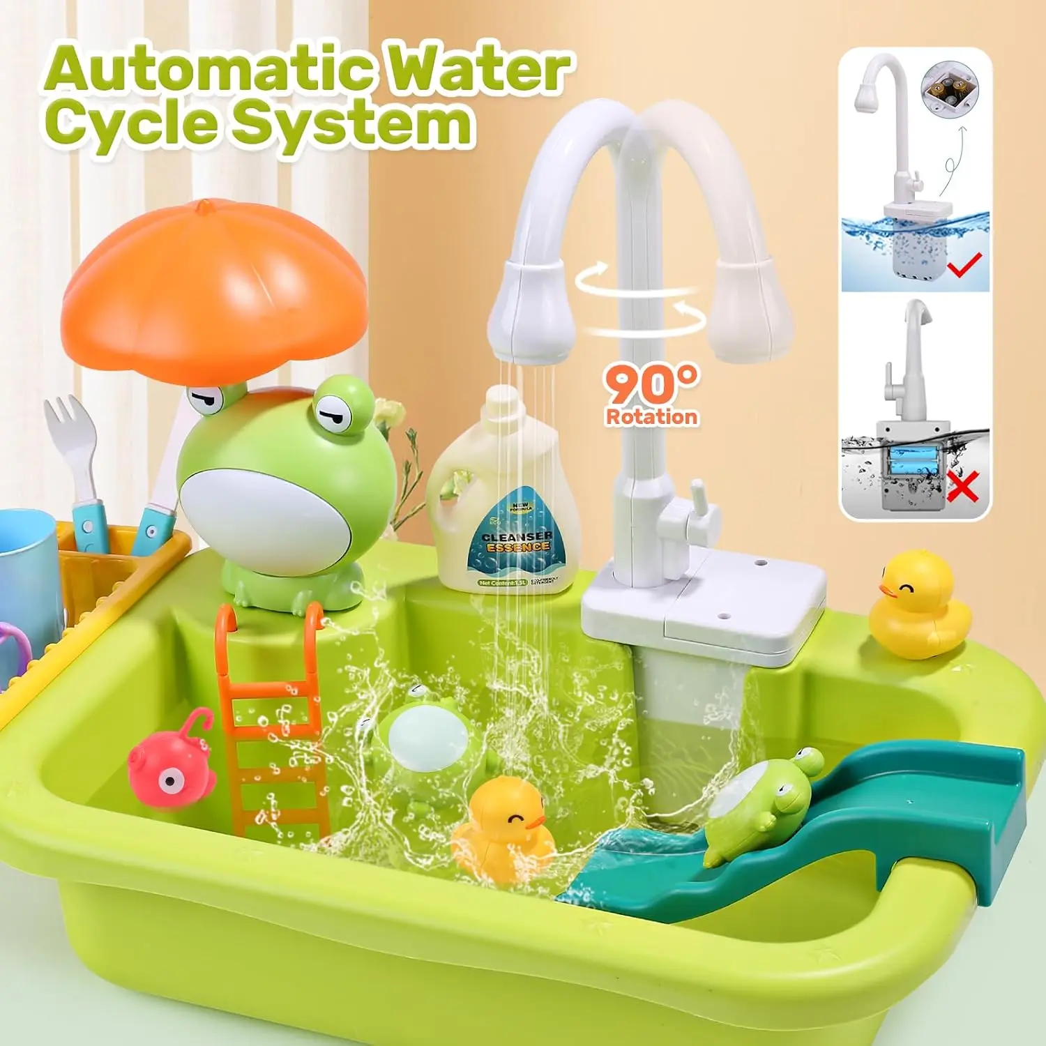 Play Sink with Running Water, Pretend Play Kitchen Sink with Upgraded Electric Faucet, Realistic kitchen play set learning cookingset Plastic Toy