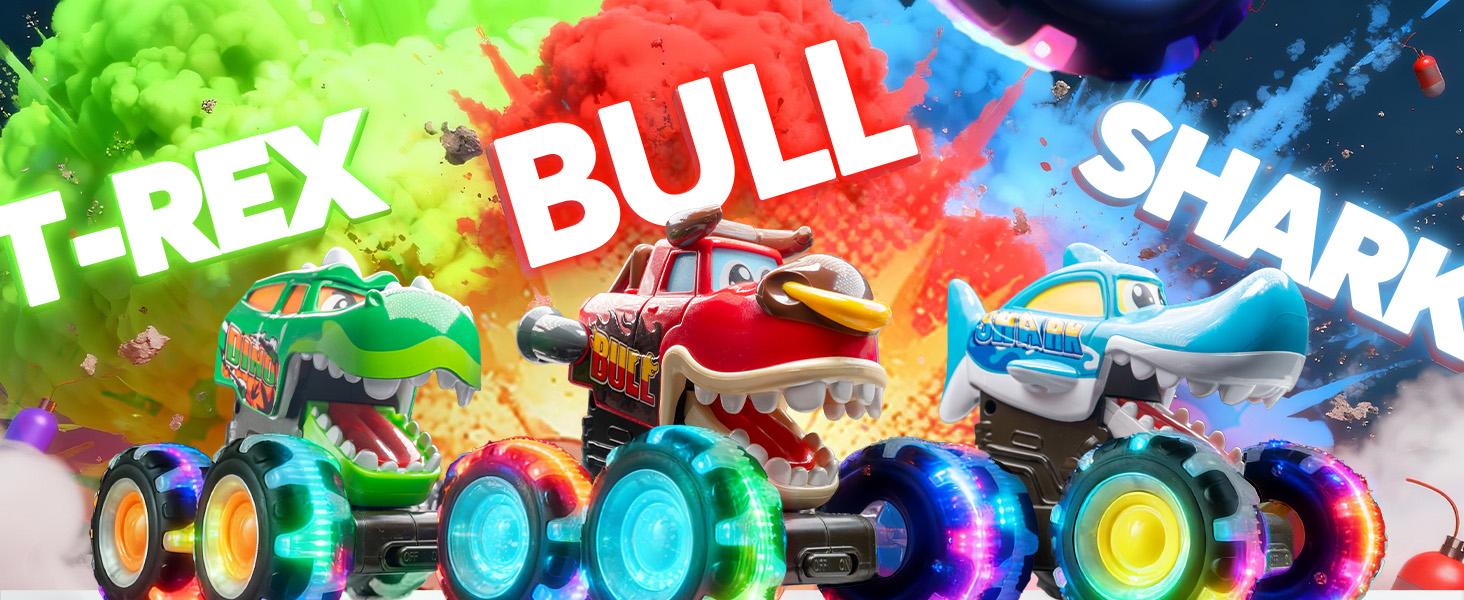 JOYIN Toys for Kids 3 Pack Monster Truck Toy Motion Activated Light-Up Cars Press & Go Cars for Boys Girls Baby Toy Present BUMP MONSTER TRUCK SET Ride On Car with LED Lights & Action 51001