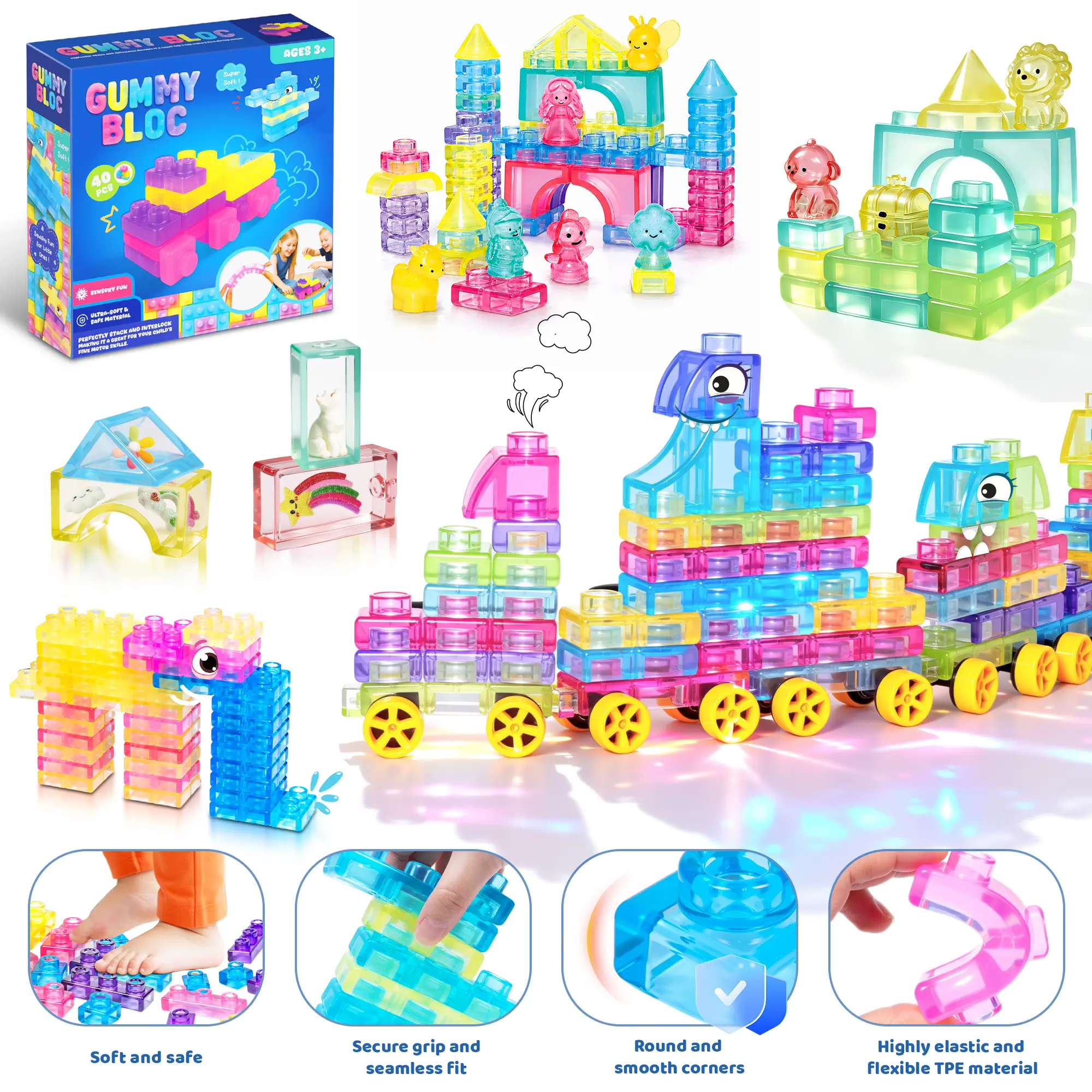 Soft Jelly Building Blocks, Squishy Multi-color Stacking Building Blocks Toy Set, Non-toxic Sensory Tactile Play Toy Safe Squeezable & Stretchable Fun, Puzzle Blocks for Kids Early learning Preschool STEM Creative Construction Bath Toy Age 3+ tikt