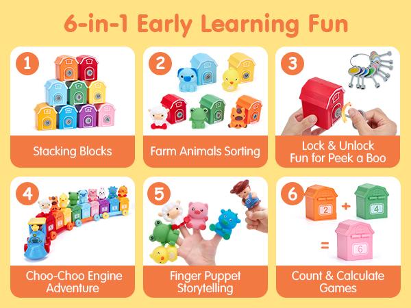 Hahaland Toddler Counting Matching & Sorting Activity Montessori Farm Train Set with Farm Animals Finger Puppets Keys to Lock and Unlock Barn Birthday Gift for Boys Girls 1-3Year Old Busy Board Magnetic Building Blocks