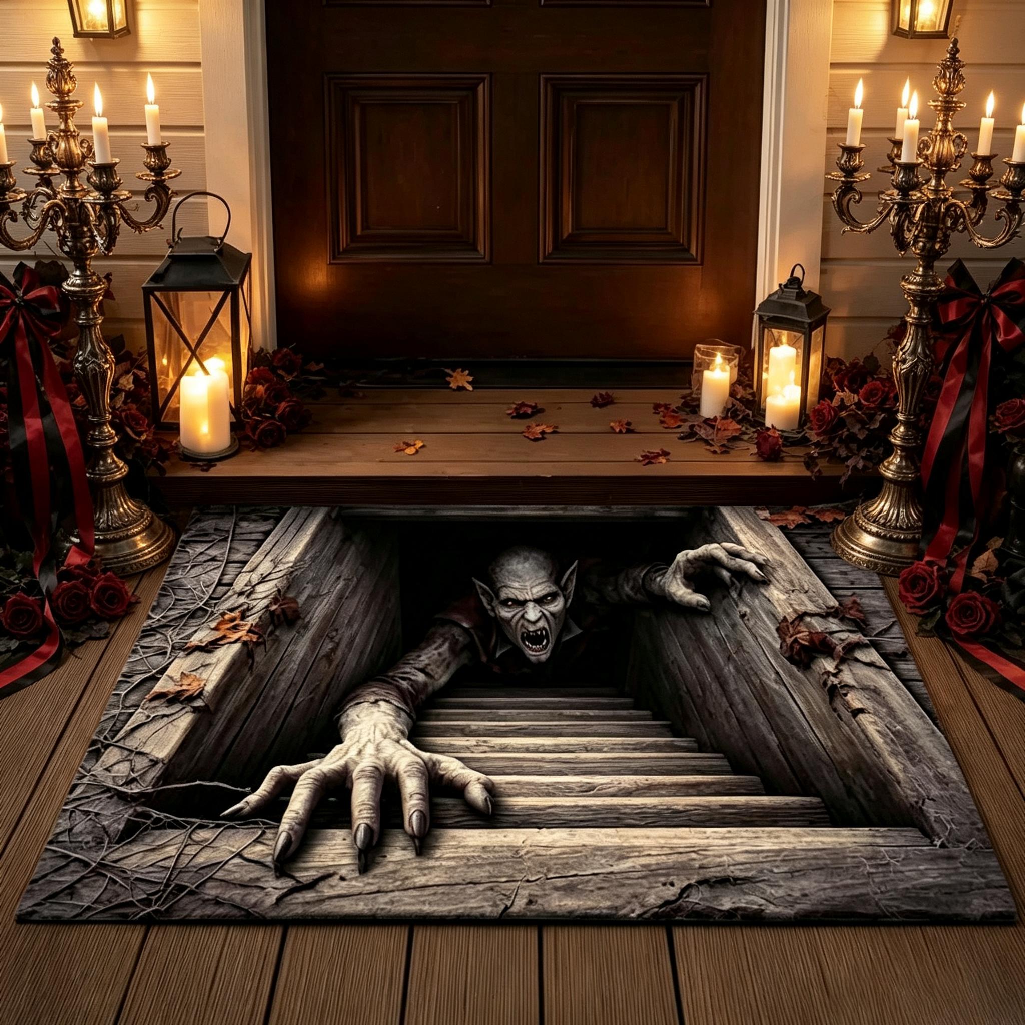 Halloween Front Door Mat &ndash; Festive 3D Visual Skull & Clown Horror Rug