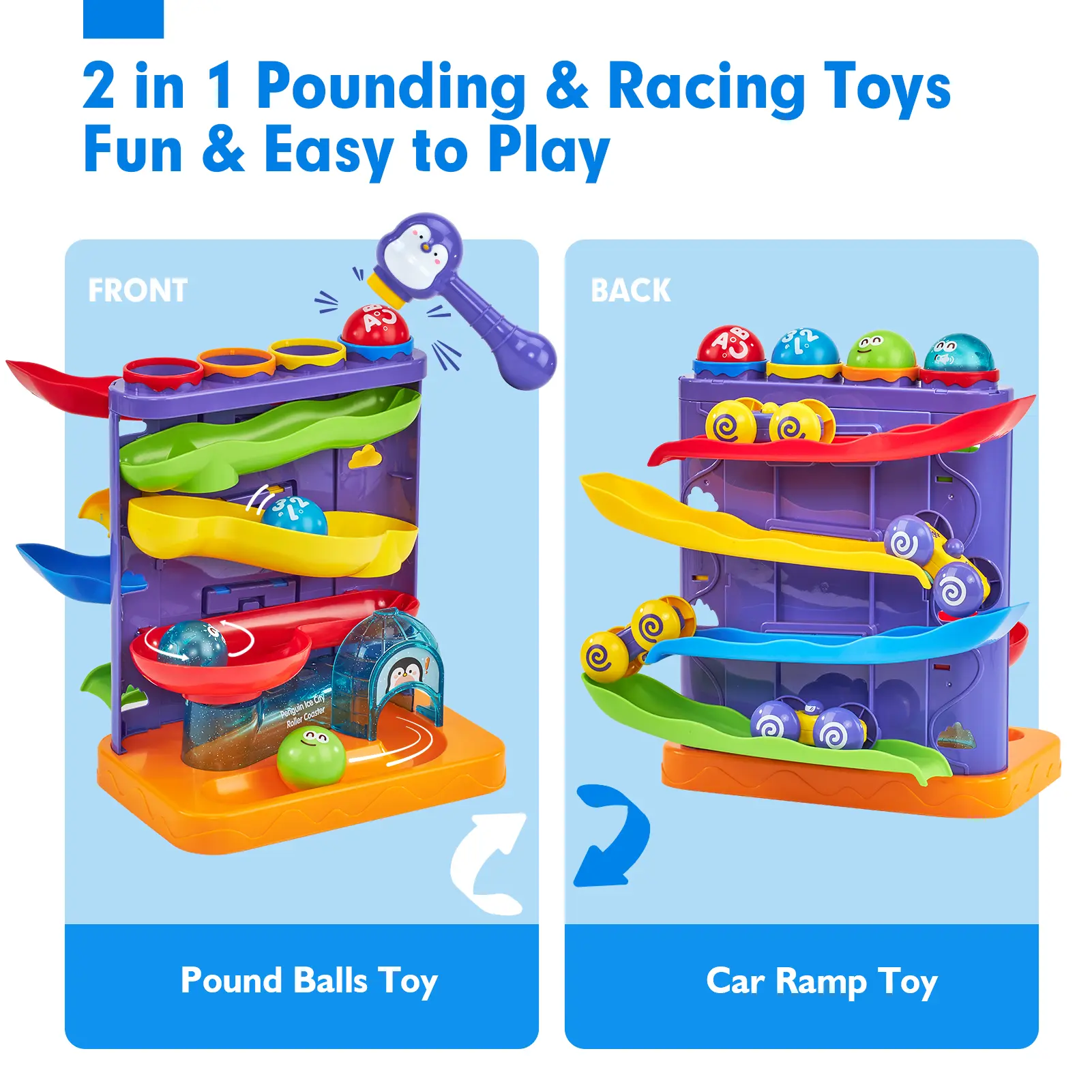 2 in 1 Pound Ball Toy & Car Ramp Race Track / Pop Up Montessori Toys with Hammers,Toddler Toys for 1 Year Old Boy，Learning Early Developmental Montessori Toys for 2 Year Old Christmas Birthday Easter Gifts, Toddler Playset