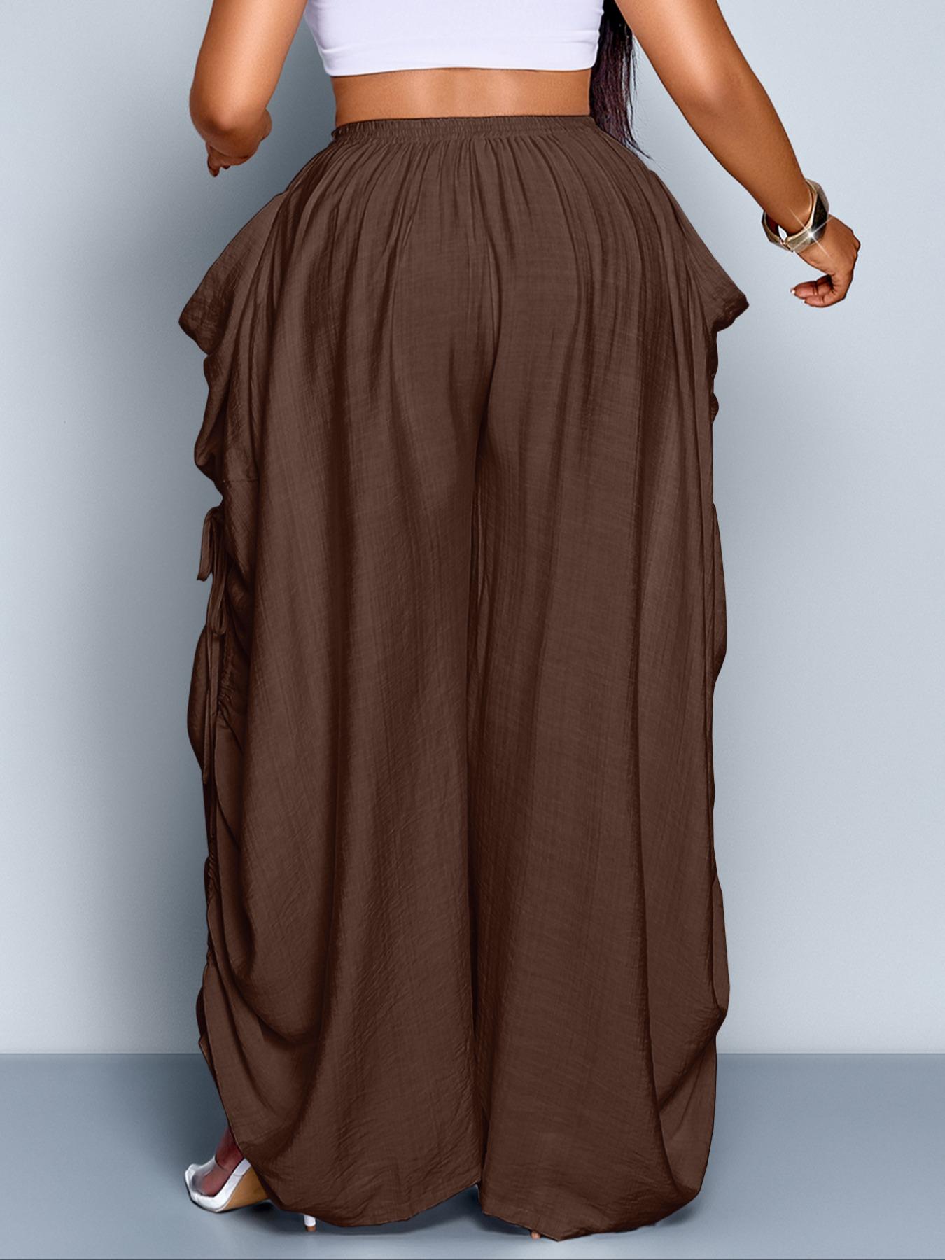Women's Casual Loose-Fit Wide Leg Drawstring Pants, All-Season Woven Fabric, Long Plain Design, Daily Commute & Vacation Wear