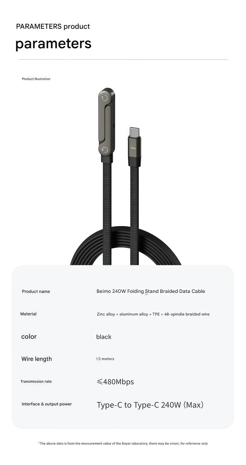 basemo Invisible Holder Charger Cable with Stand, 240w super fast charging 2-in-1 Fast Charging Cord & Phone Stand for Gaming, Office, Car Travel, Compatible with iPhone Samsung Type-C charging cable Black