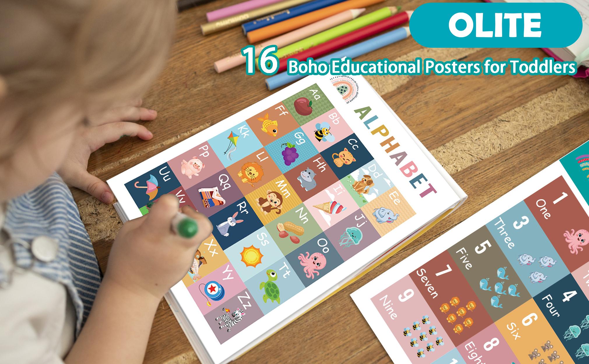 16 Boho Colorful Educational Posters for Toddlers Ages 1-5, Kindergarten Charts with Post Ideas, Aesthetic Wall Decor, School Supplies, Kids Learning Materials, Toddler Gifts, Office Stationery