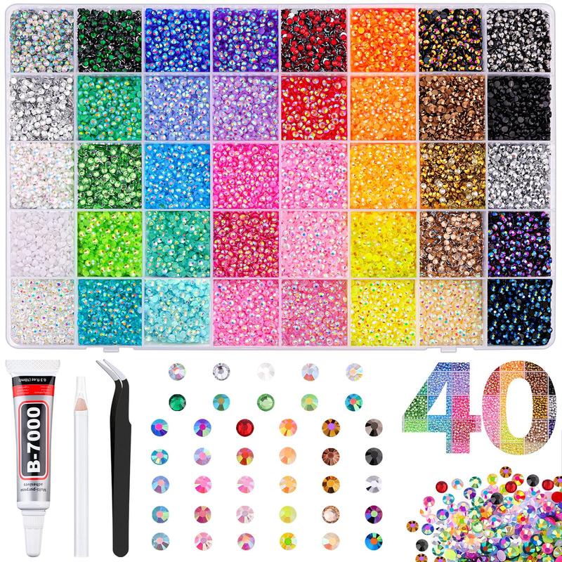 VIBRANT GEMS 32000Pcs Resin Rhinestones with Tweezers for Crafting Mixed-Color 3mm Bedazzling Crystal with 3Pcs 10ml B7000 Jewelry Glue for DIY Crafts Clothing Tumblers Shoes Fabric Nail Art Colorful