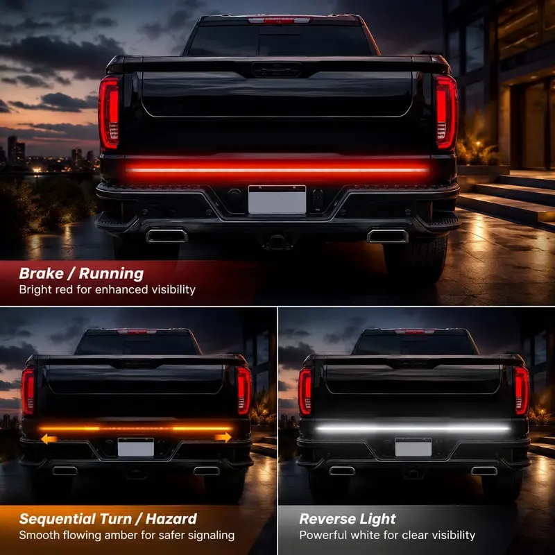 Upgrade Triple Row Tailgate Light Bar Waterproof LED Sequential Brake, Reverse & Turn Signal, Waterproof Plug & Play Truck ,Summer Vibe