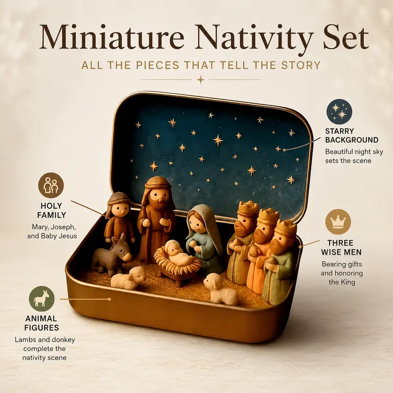Religious Pocket-Size Mini Nativity Scene Set with Storage Box, Hand-Painted Plastic Figurines (Mary, Shepherd, Animals), Portable Christmas Table Decor, Ideal Holiday Gift