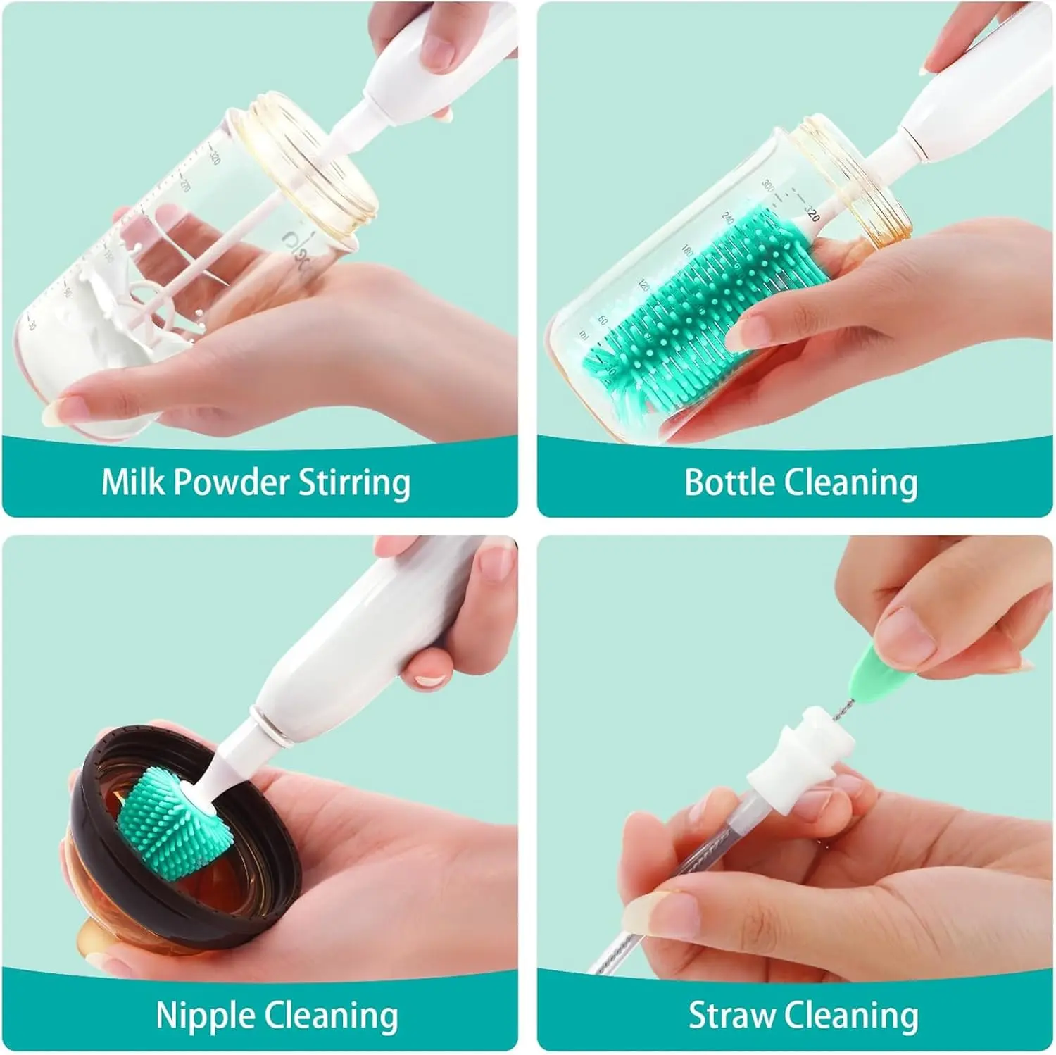 Electric Bottle Cleaning Brush, Baby Bottle Brush Cleaner, Water Bottle Cleaning Kit, Nipple Brush,Straw Cleaner Brush, 360° Rotation, Silicone Material, Waterproof,6 Packs Set for Newborns