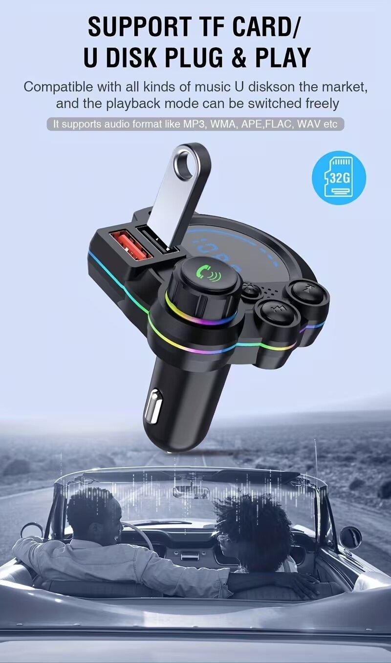 PD 30W Type-C Car Charger & Bluetooth 5.3 FM Transmitter, Wireless MP3 Player with Dual USB Ports, Bass Sound Enhancer, RGB Glowing Radio Adapter, Hands-Free Calls, Car Accessories & Road Trip Essentials, Compatible with 12V-24V