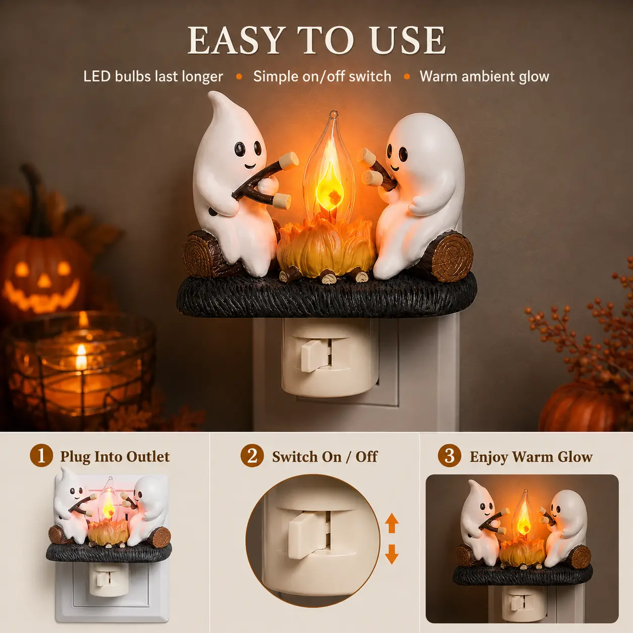 3D Flickering Campfire Night Light - Halloween & Christmas Decor, Resin Indoor Holiday Light