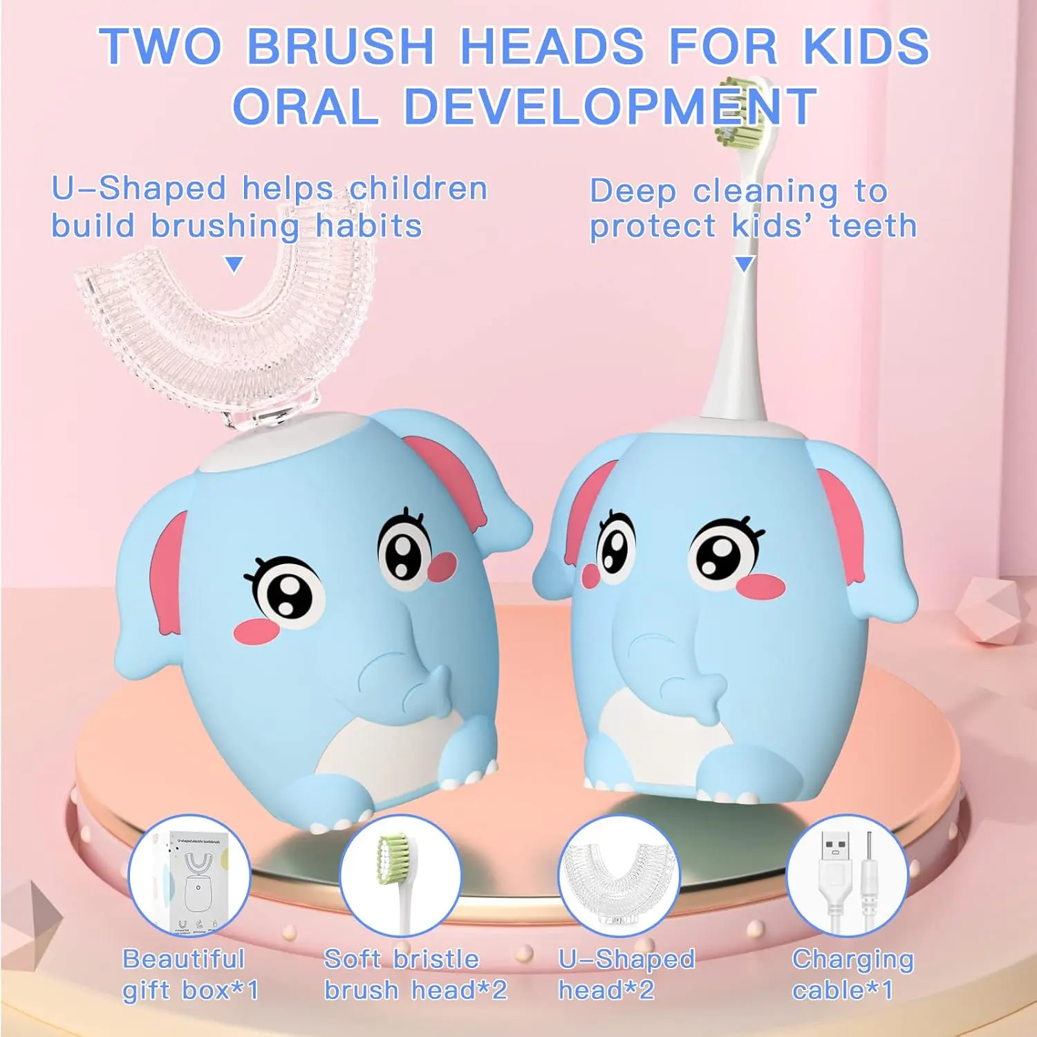Kids U Shaped Electric Toothbrush Children Rechargeable Sonic Toddler Toothbrush baby Electric toothbrushes with1-4 Brush Heads Full Mouth 6 Cleaning Modes Oral hygiene Cleansing
