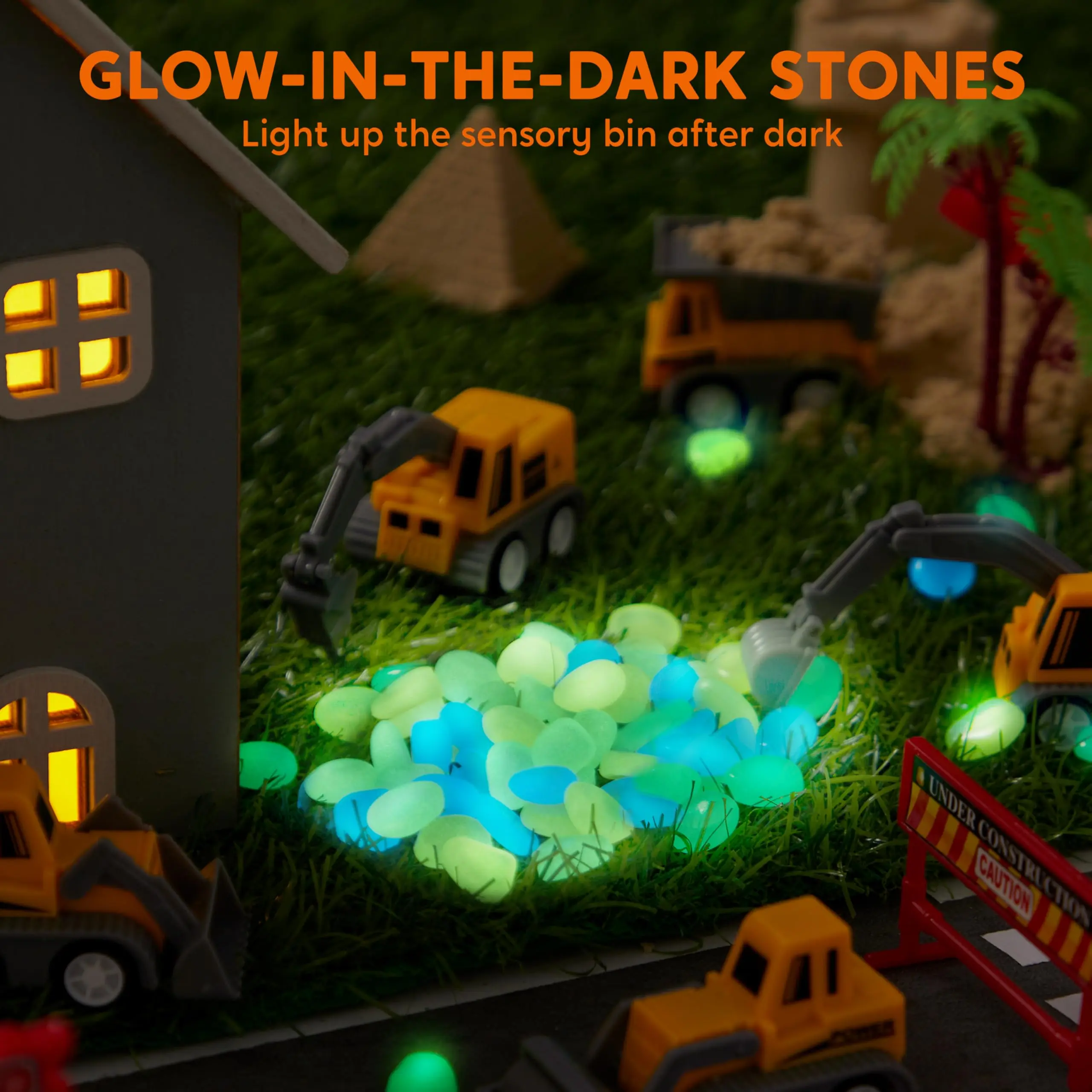 Construction Sensory Bin for Toddlers with Glow in The Dark Stones, Sandbox with Lid Castle Building kit.