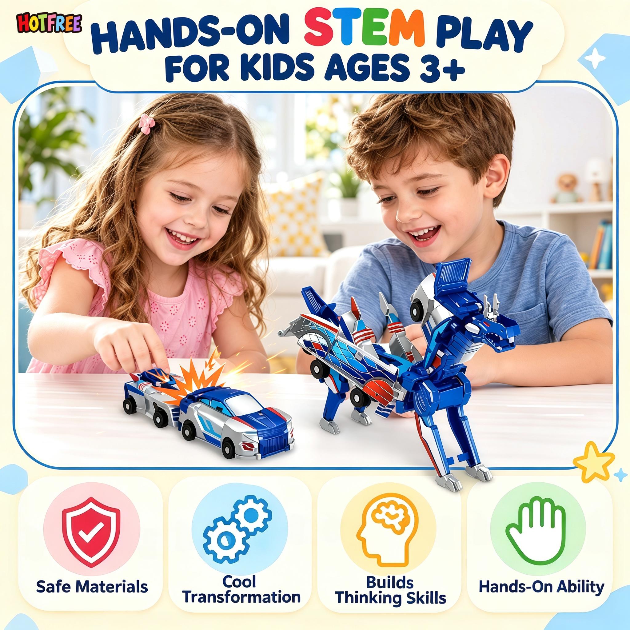 Hotfree Magnetic Dinosaur Transformer Car Toy, 2-in-1 Magnetic Cars That Transform into Flying Dragon Deer and Unicorn, Automatic Collision Transforming Toy, Fun STEM Toy Birthday Christmas Gift for Kids Boys & Girls