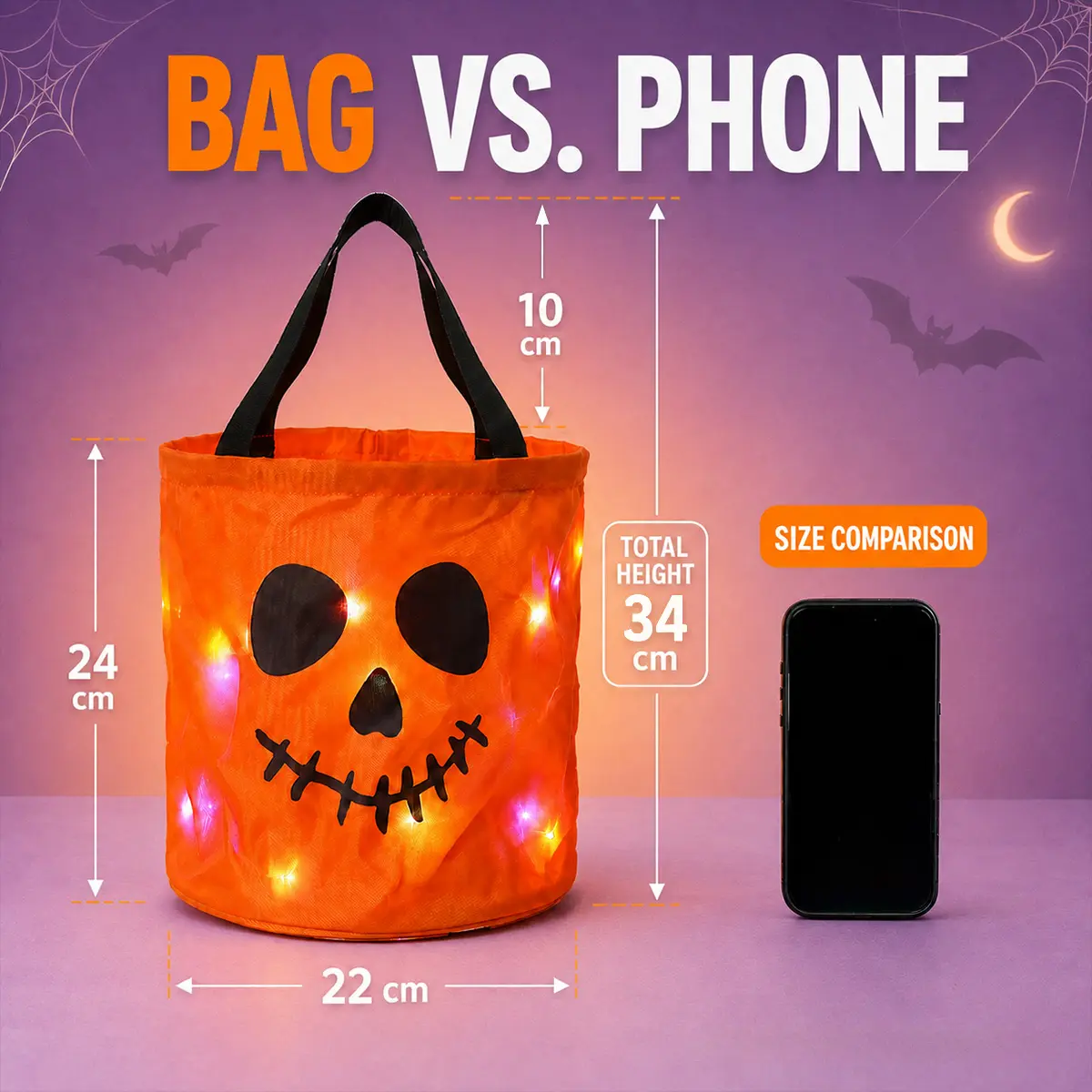 Halloween Candy Bucket with LED Lights, 13.39x8.66 Inch Trick or Treat Bags Non Woven Gift Bags Pumpkin Candy Bags Reusable Tote Bags for Kids Students Adults, Night Light Bags for Garden Lawn Decorations, Halloween Christmas Party Favor Supplies