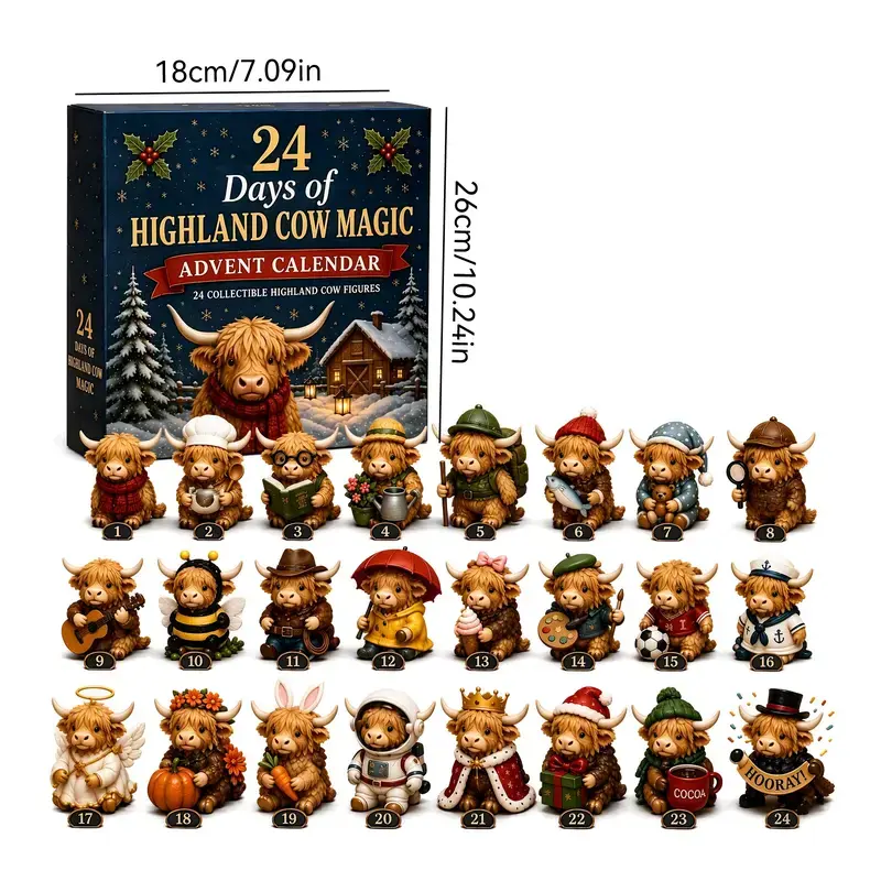 24-Day Highland Cow Advent Calendar - Christmas Countdown Gift Box with Collectible Mini Figurines, Festive Holiday Home Decor Toy Set.