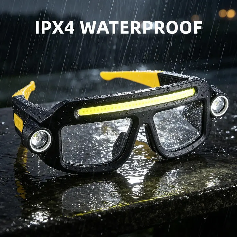 Rechargeable LED Headlamp Glasses - Hand-Wave Sense, Type-C USB Charging, 5-Mode COB Lights, Dual Side Spotlights, IPX4 Waterresist, Lightweight Motorcycle Accessories for Camping, Automotive Tasks