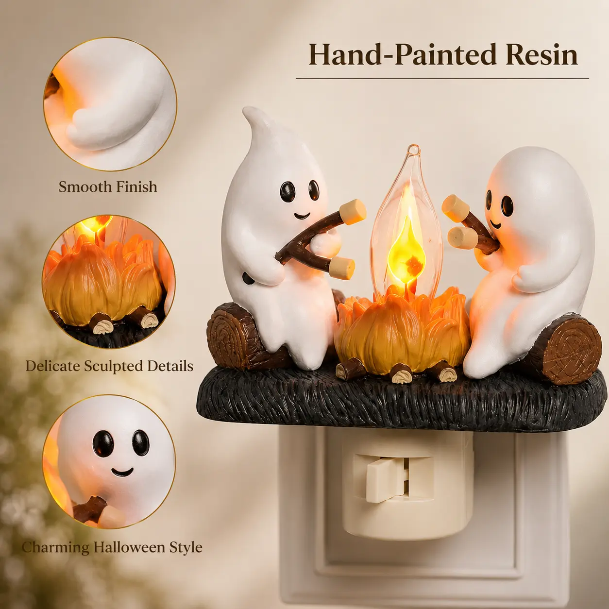 3D Flickering Campfire Night Light - Halloween & Christmas Decor, Resin Indoor Holiday Light