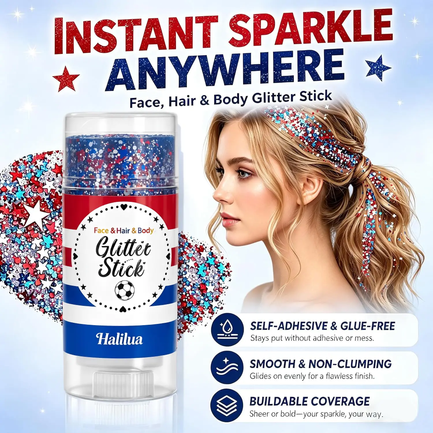 Self-Adhesive Glitter Stick | Red White & Blue Patriotic Body Makeup | 4th of July Independence Day Sparkle | Summer Vibes Festival Party Glitter | Waterproof Long-Lasting Shine for Sports Games & Holiday Gifts,summerwins
