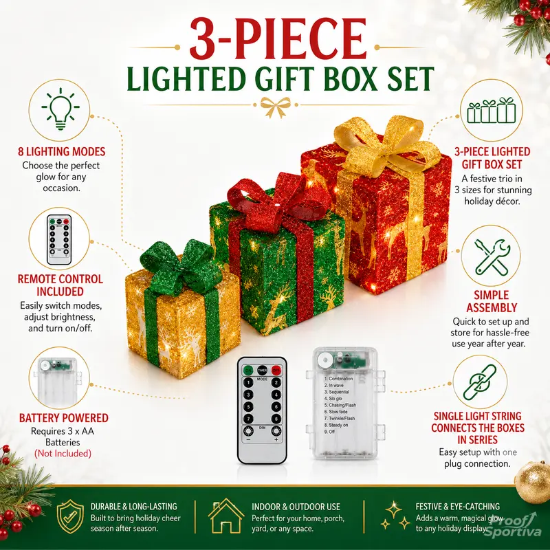 3pc Magical Plastic Christmas Ornaments Set with Gift Box - 8 Modes, Remote Control, Warm Light LED Lights, Ribbon Accents, DIY Assembly, AA Battery Powered (Battery Not Included) for Indoor/Outdoor Camping Hiking Use