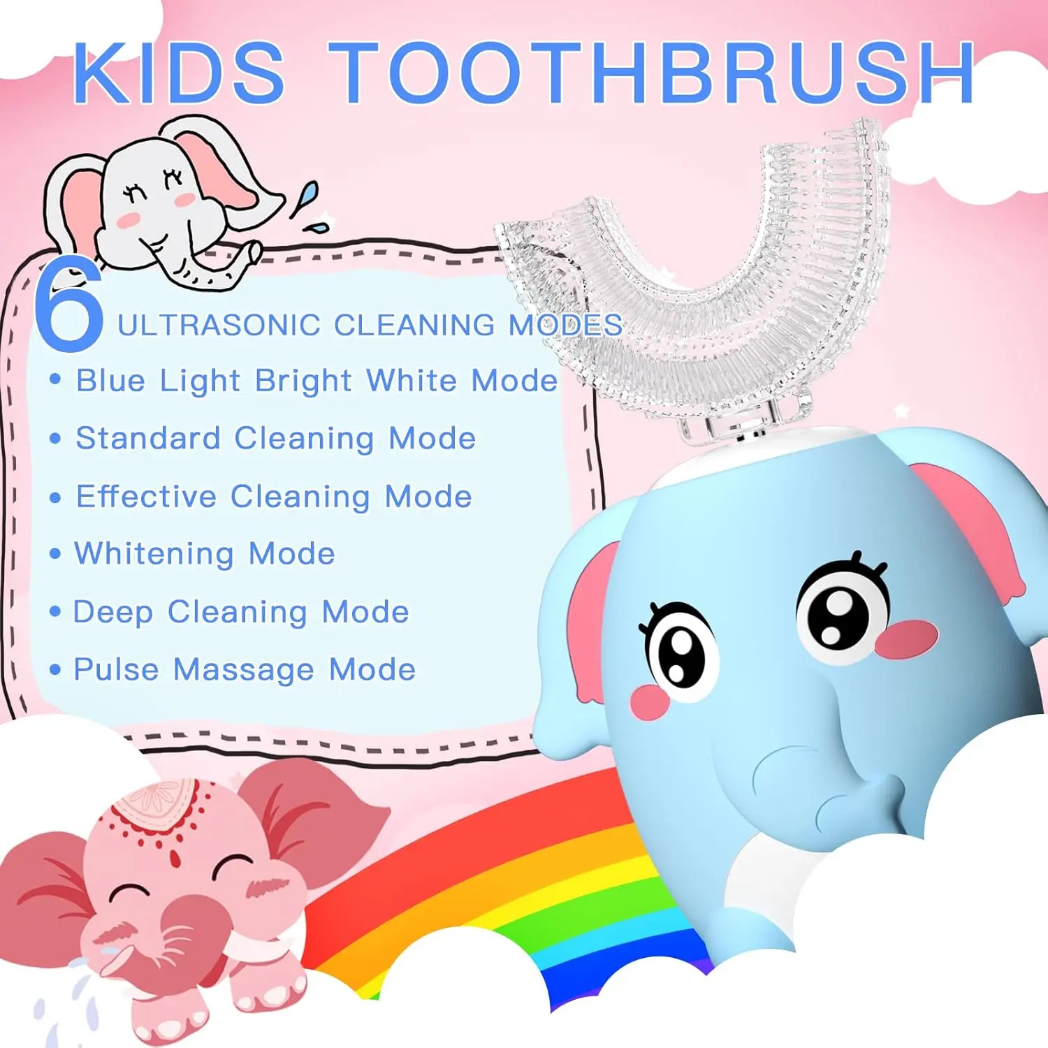 Kids U Shaped Electric Toothbrush Children Rechargeable Sonic Toddler Toothbrush baby Electric toothbrushes with1-4 Brush Heads Full Mouth 6 Cleaning Modes Oral hygiene Cleansing