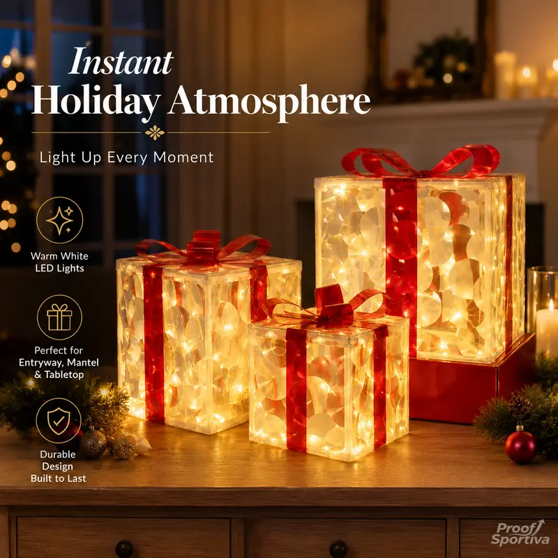 3pc Christmas Ornaments Gift Box LED Lanterns with Remote & Warm Light