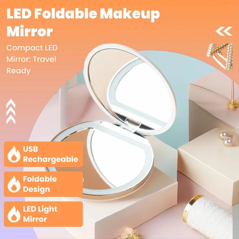 Portable Foldable Makeup Mirror, Glam Travel Makeup Mirror with LED Light, Compact Mirror for Women, Pocket Size Makeup Tools, Travel Hand Mirror
