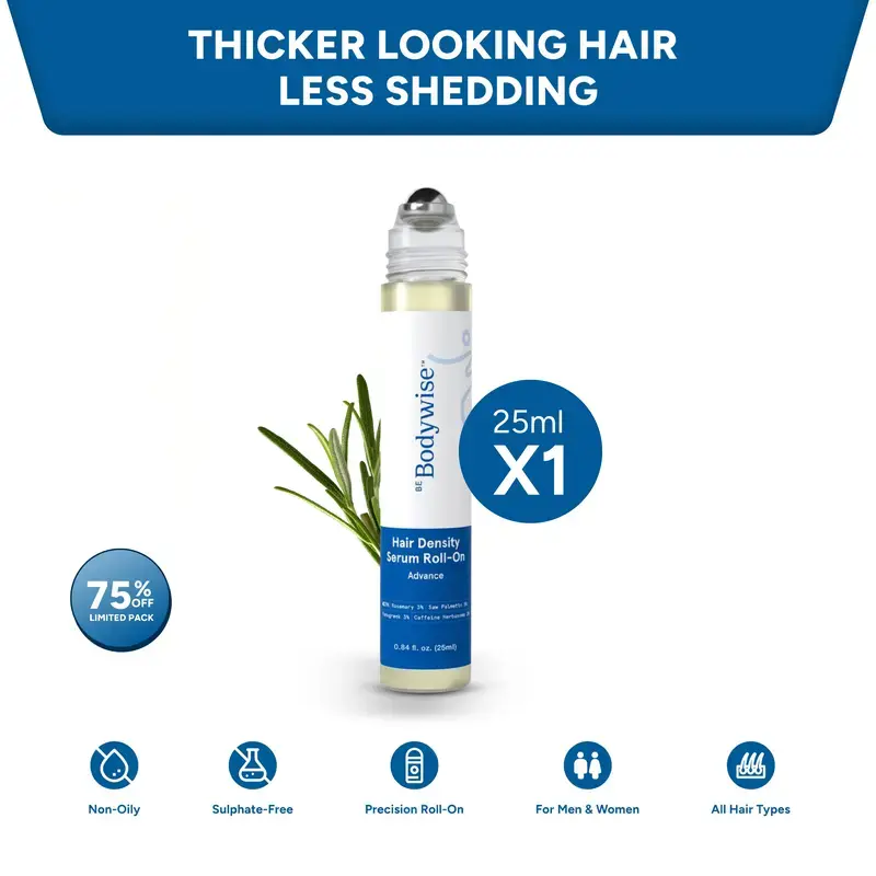 Advanced Hair Density Roll-On Serum 25 ml | 5% Saw Palmetto, 3% Rosemary, 1% Caffeine Herbasome & 3% Fenugreek | Scalp Serum for Reduced Hair Fall | Men & Women