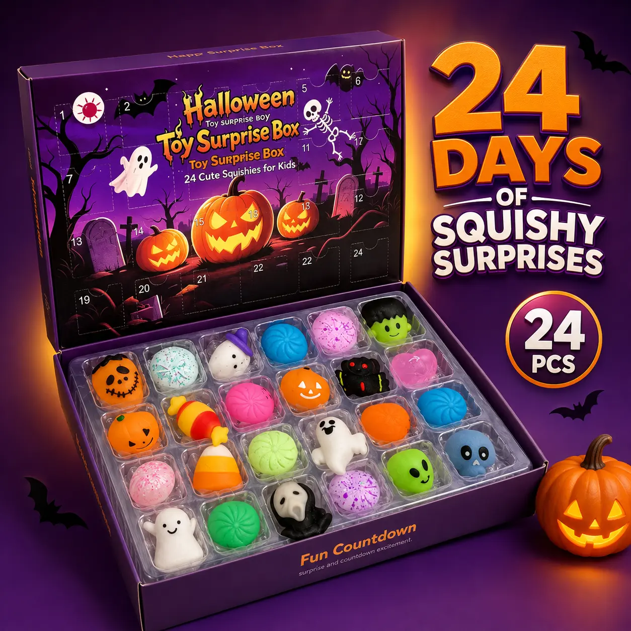 24-Piece Halloween Squishy Surprise Box, 24-Day Countdown Sensory Fidget Toy Set, Soft Squeeze Halloween Gifts & Party Favors