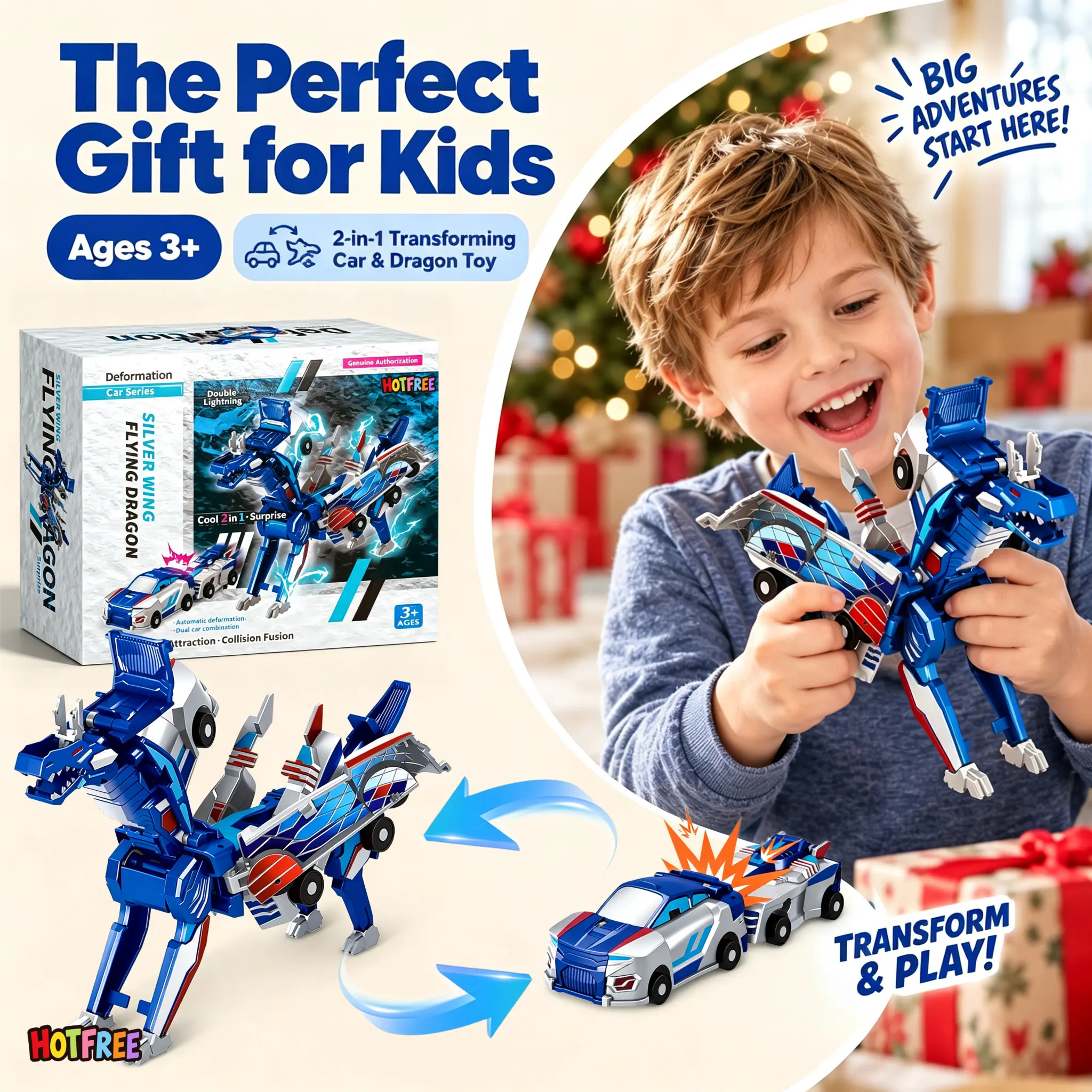 Magnetic Dinosaur Transformer Car Toy, 2-in-1 Magnetic Cars That Transform into Flying Dragon Deer and Unicorn, Automatic Collision Transforming Toy, Fun STEM Toy