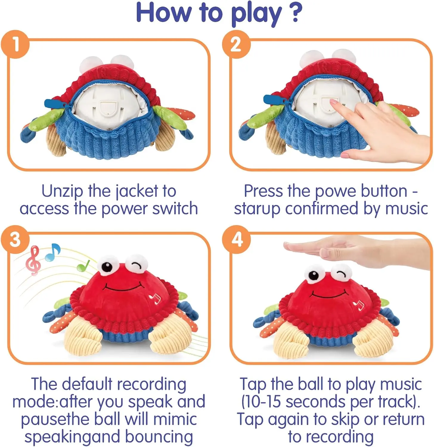 Musical Crab Plush Toy - 48 Songs & Repeat What You Say - Crawling Musical Dancing Walking Bouncing Moving Bouncing Talking Learning Crab-Sensory Toddler Toys for Birthday Tummy Time Toy 0-3 Months/6-12 Months,Mothersdaygift/newborngift