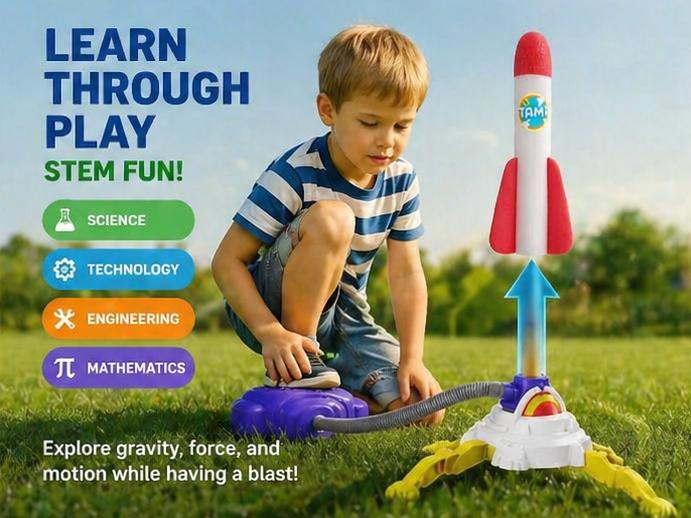 Rocket Launcher Toy Set - Light-Up Glow Foam Rockets, Adjustable Launch Stand with Durable Base for Stomping, 200 ft Launch Range, Playful Flying Toys, Outdoor Family Fun Holiday Gift Idea
