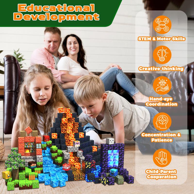 Magnetic Blocks- Portal Dinosaur Red Brick，Light Up Magnet Cubes, STEM Montessori Sensory Toys for Kids Boys Girls Ages 4-8 Christmas Birthday Gifts Multifunction