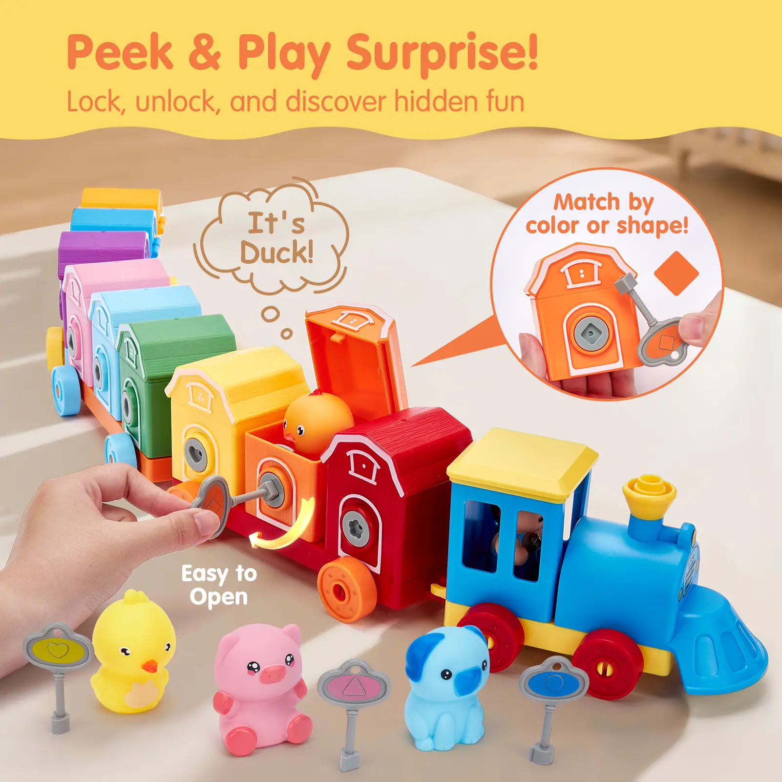 Toddler Counting Matching & Sorting Activity Montessori Farm Train Set with Farm Animals Finger Puppets Keys to Lock and Unlock Barn Birthday Gift for Boys Girls 1-3Year Old Busy Board Magnetic Building Blocks