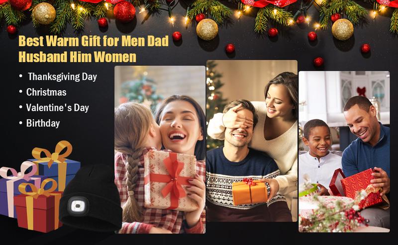 MELASA Unisex Hat with Light, USB Rechargeable Hands Free Headlamp LED Beanie, Winter Gifts for Men Dad Father Husband Him