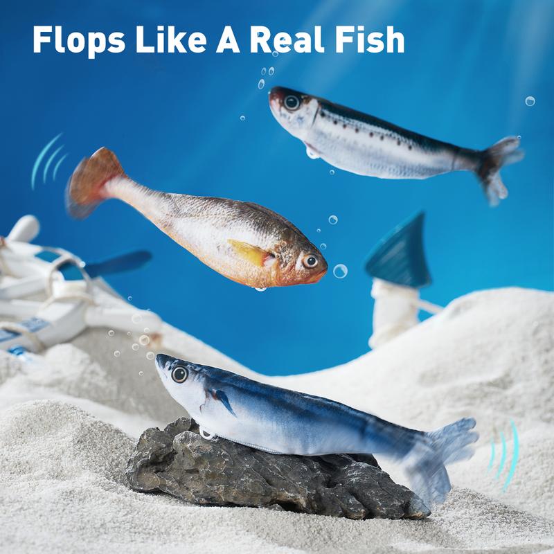 Bitesized Realistic Flopping Fish Cat Toys, 3 Pack, Interactive Cat toys for All Breeds, Tap-Activated 3 Flapping Mode, Sardine/Saury/Yellow Croaker, 7.1 Inches, with Catnip, Rechargeable