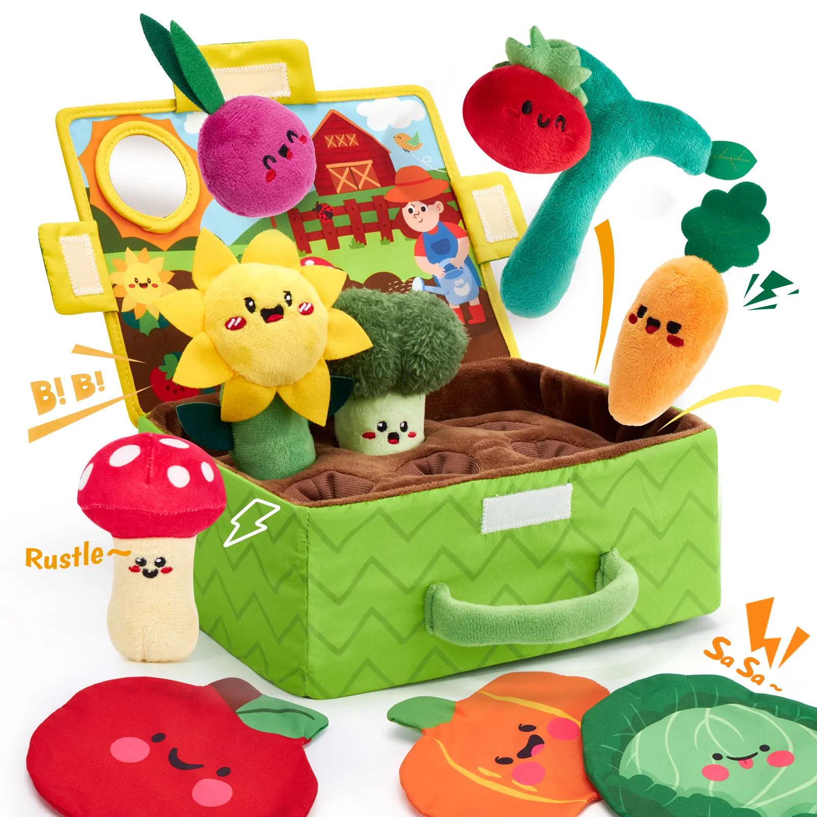 My First Garden Stuffed Toys Set-Fruits Vegetables Garden Plant Plush-Sensory for Babies 6-12 Months,Montessori Sensory Toy Carrot Flower with Rattles Mirror Squeaker Textures , Baby Gifts,Soft Huggable Stuffedtoy,Durable Soft Fluffy